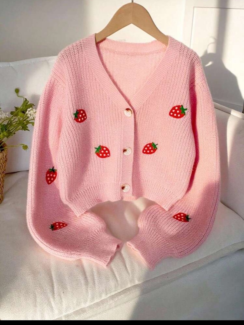Pink Strawberry Embroidered V-Neck Cardigan Sweater